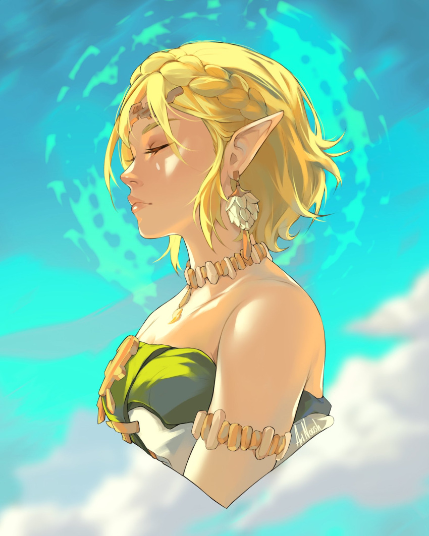 1girl armlet bare_shoulders braid closed_eyes clouds collarbone crown_braid dress earrings expressionless from_side green_dress highres jewelry necklace noush official_alternate_costume pointy_ears princess_zelda short_hair sky solo the_legend_of_zelda the_legend_of_zelda:_tears_of_the_kingdom