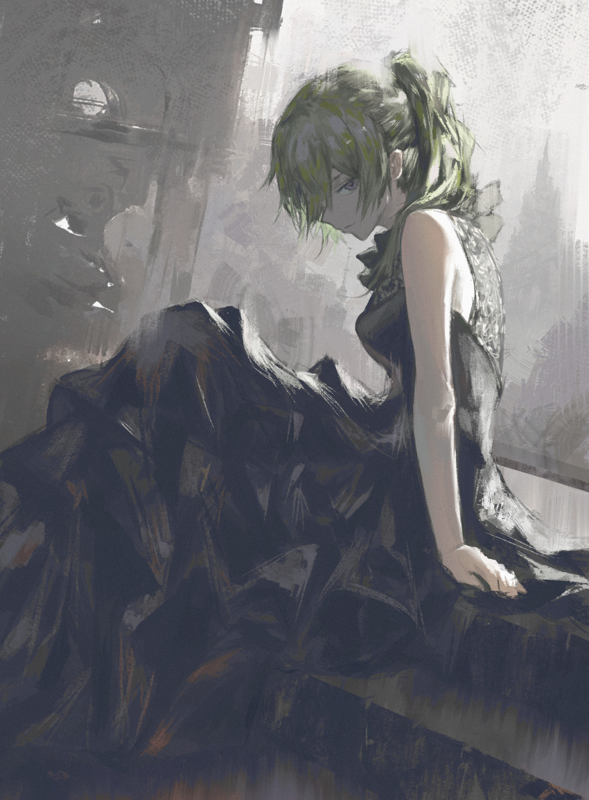 1girl absurdres arm_support bare_shoulders black_dress closed_mouth commentary dress from_side green_hair high_ponytail highres lace long_hair looking_at_viewer shiej007 side_ponytail sidelocks sitting solo sousou_no_frieren ubel_(sousou_no_frieren) violet_eyes