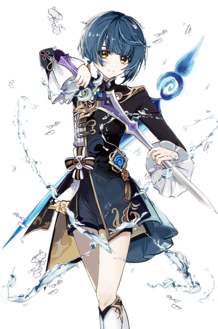 1boy absurdres asymmetrical_hair blue_brooch blue_coat blue_hair blue_shorts blunt_bangs boots coat crossed_legs frilled_sleeves frills genshin_impact gold_trim hair_intakes hair_ornament head_tilt highres holding holding_sword holding_weapon hydrokinesis knee_boots kodona lolita_fashion looking_at_viewer onmoynn short_hair short_shorts shorts simple_background smile standing sword sword_on_back tareme tassel tassel_hair_ornament turtleneck two-sided_coat two-sided_fabric vision_(genshin_impact) water weapon weapon_on_back white_background white_footwear xingqiu_(genshin_impact) yellow_eyes