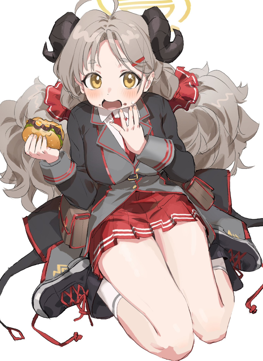 1girl ahoge black_coat black_footwear black_horns blue_archive blush breasts brown_eyes brown_hair burger chocolate coat collared_shirt demon_horns food full_body halo highres holding holding_food horns izumi_(blue_archive) large_breasts long_hair long_sleeves looking_at_viewer necktie nemo_(leafnight) open_mouth pleated_skirt red_necktie red_skirt shirt shoes simple_background skirt socks solo white_background white_shirt white_socks yellow_halo
