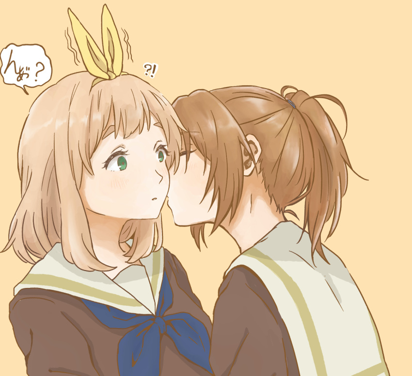 2girls blue_neckerchief blush bow_hairband brown_hair brown_shirt closed_eyes commentary_request curryisfriend green_eyes hairband hibike!_euphonium highres imminent_kiss kiss kissing_cheek kitauji_high_school_uniform light_brown_hair liz_to_aoi_tori long_hair multiple_girls nakagawa_natsuki neckerchief parted_lips ponytail sailor_collar school_uniform serafuku shirt simple_background thick_eyebrows upper_body white_sailor_collar yellow_background yellow_hairband yoshikawa_yuuko