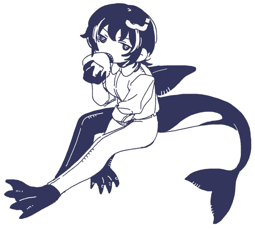 1girl animal_feet animal_hands cetacean_tail claws collared_shirt commentary dorsal_fin fins fish_tail food full_body hand_up highres holding holding_food looking_at_viewer monochrome monster_girl multicolored_hair onigiri open_mouth orca_girl original pants rramarukun sharp_teeth shirt short_hair simple_background sitting solo streaked_hair symbol-only_commentary tail teeth webbed_feet webbed_hands white_background