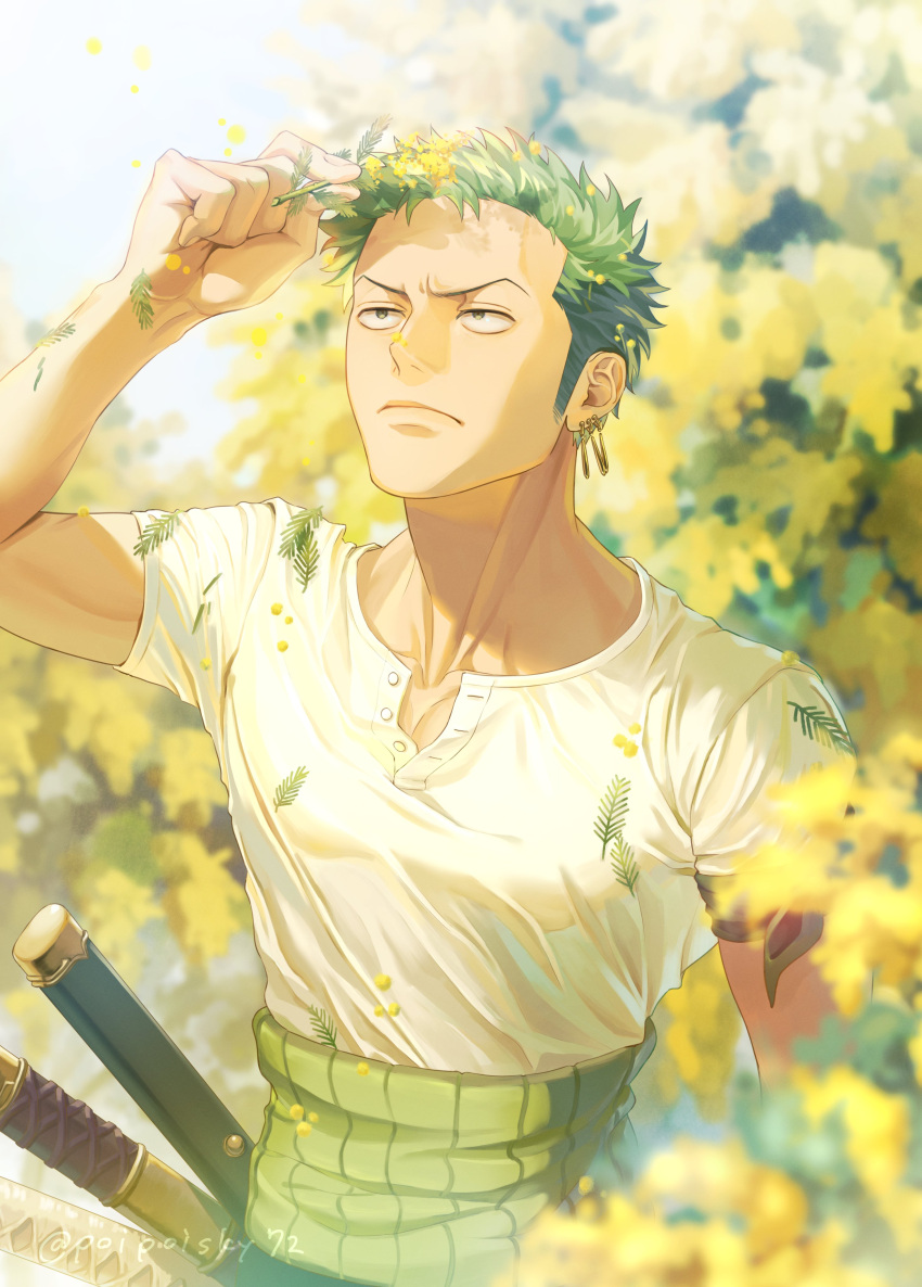 1boy absurdres blurry blurry_background closed_mouth depth_of_field earrings flower green_hair highres holding holding_plant jewelry light_frown looking_up male_focus one_piece plant poipoisky72 roronoa_zoro shirt short_sleeves solo spring_(season) sword weapon white_shirt yellow_flower