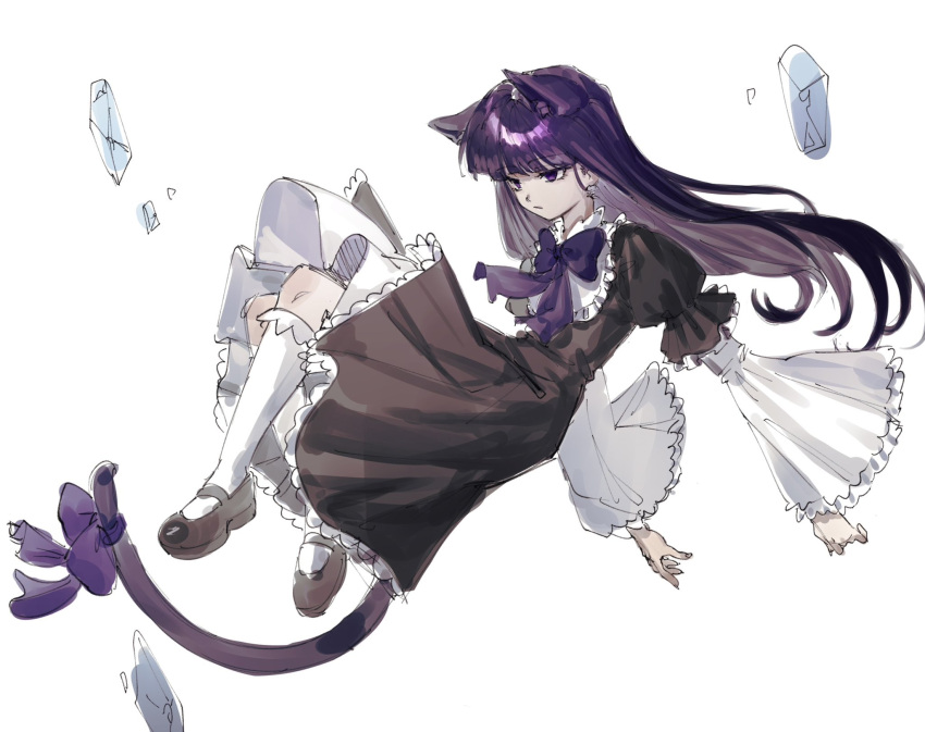 1girl animal_ears black_dress black_footwear blue_bow blue_bowtie blunt_bangs bow bowtie cat_ears cat_tail closed_mouth commentary dress expressionless fingernails floating frederica_bernkastel full_body hair_between_eyes highres ihwa0283 long_hair long_sleeves looking_ahead purple_hair sidelocks simple_background socks solo tail umineko_no_naku_koro_ni violet_eyes white_background white_socks wide_sleeves witch