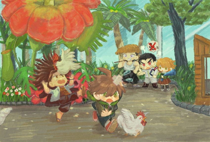5boys :o ahoge armband bare_arms bare_shoulders bead_necklace beads big_hair bird black_hair black_jacket black_necktie black_pants black_ribbon black_sleeves black_thighhighs blazer blonde_hair blue_pants blush_stickers boots brown_eyes brown_footwear brown_hair brown_skirt buttons chibi chicken clipboard clothes_around_waist coattails collared_jacket collared_shirt crossdressing crossed_bandaids danganronpa:_trigger_happy_havoc danganronpa_(series) denim dreadlocks feathers flower fujisaki_chihiro full_body green_eyes green_hood green_jacket green_sleeves greenhouse grey_footwear grin hagakure_yasuhiro height_difference highres holding holding_blueprints holding_clipboard holding_pickaxe holding_scroll hood hood_down hooded_jacket indoors ishimaru_kiyotaka jacket jacket_around_waist jacket_on_shoulders jeans jewelry knee_boots long_hair long_sleeves looking_at_animal male_focus mary_janes miniskirt multicolored_hair multiple_boys naegi_makoto neck_ribbon necklace necktie open_clothes open_jacket open_mouth open_shirt orange_ribbon orange_tank_top otoko_no_ko outstretched_arm outstretched_leg over_shoulder owada_mondo pants pendant pickaxe pink_flower pitcher_plant plant pleated_skirt pocket pompadour puff_of_air red_armband red_flower red_footwear ribbon running sandals scroll shadow shirt shoes skirt smile sneakers socks spoken_object spoken_x sugi_haeru suit sweatdrop tank_top thick_eyebrows thigh-highs two-tone_eyes two-tone_hair v-shaped_eyebrows violet_eyes waist_ribbon weapon weapon_over_shoulder white_flower white_footwear white_jacket white_pants white_shirt white_socks white_suit white_tank_top wide-eyed zipper zipper_pull_tab