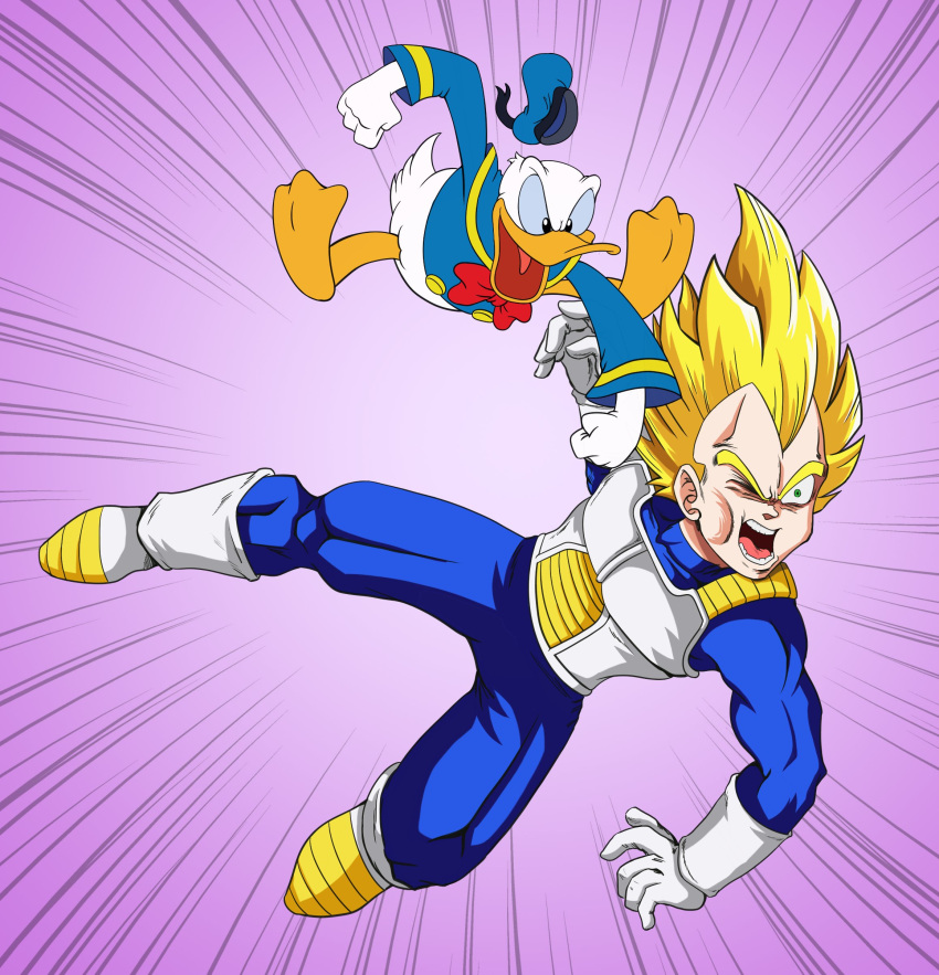 2boys absurdres blonde_hair blue_bodysuit blue_eyes bodysuit boots clenched_hand clenched_hands commentary crossover disney donald_duck dougi dragon_ball dragon_ball_z duck_boy emphasis_lines english_commentary face_punch full_body gloves hat highres in_the_face long_sleeves male_focus multiple_boys one_eye_closed open_mouth punching sailor_hat saiyan_armor scottforester17 simple_background spiky_hair super_saiyan vegeta white_gloves white_hair