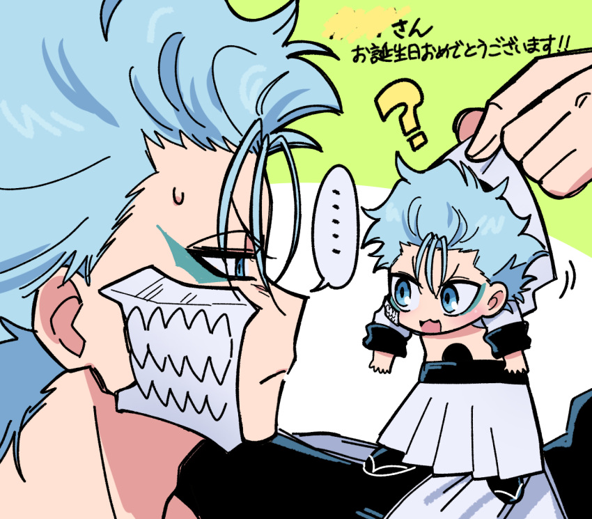 &gt;:( ... 2boys :3 ? bleach blue_eyes blue_hair blush chibi chibi_inset close-up closed_mouth commentary_request commission dual_persona eye_contact facial_mark frown green_background grimmjow_jaegerjaquez hair_between_eyes hand_up hanging hole_in_stomach long_sleeves looking_at_another motion_lines multiple_boys open_clothes open_mouth open_shirt profile shirt short_hair simple_background smile solo speech_bubble spoken_ellipsis sweatdrop two-tone_background v-shaped_eyebrows white_background white_shirt yanono_015