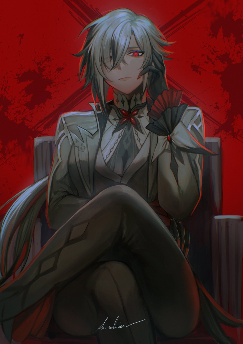 1girl absurdres arlecchino_(genshin_impact) black_pants coat commentary crossed_legs genshin_impact grey_coat grey_hair grey_shirt highres long_hair long_sleeves looking_at_viewer pants red_background shirt simple_background sitting solo tomodurien very_long_hair