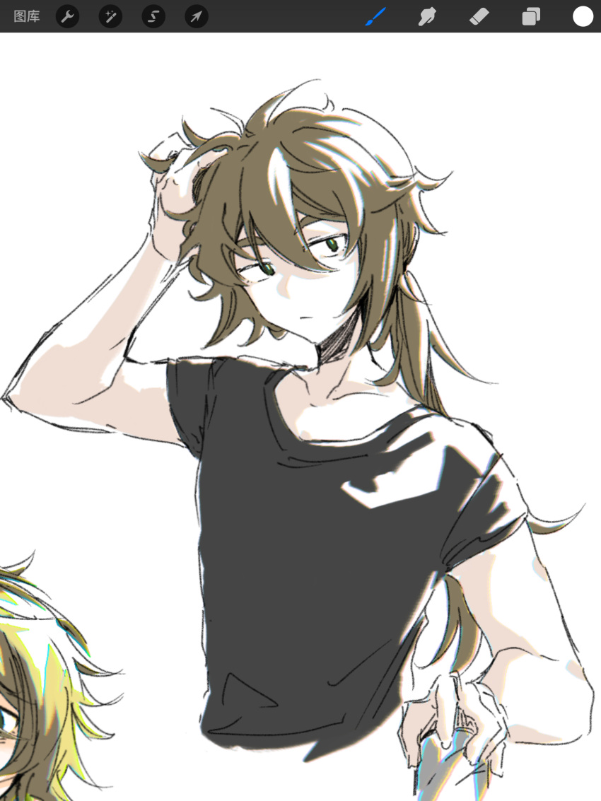 1boy alternate_hair_length alternate_hairstyle art_program_in_frame black_shirt brown_hair chinese_commentary closed_mouth commentary_request green_eyes hair_between_eyes hand_in_own_hair highres isoi_reiji male_focus ponytail procreate_(medium) procreate_(software) saibou_shinkyoku shirt simple_background solo t-shirt tsukitsukiya upper_body white_background