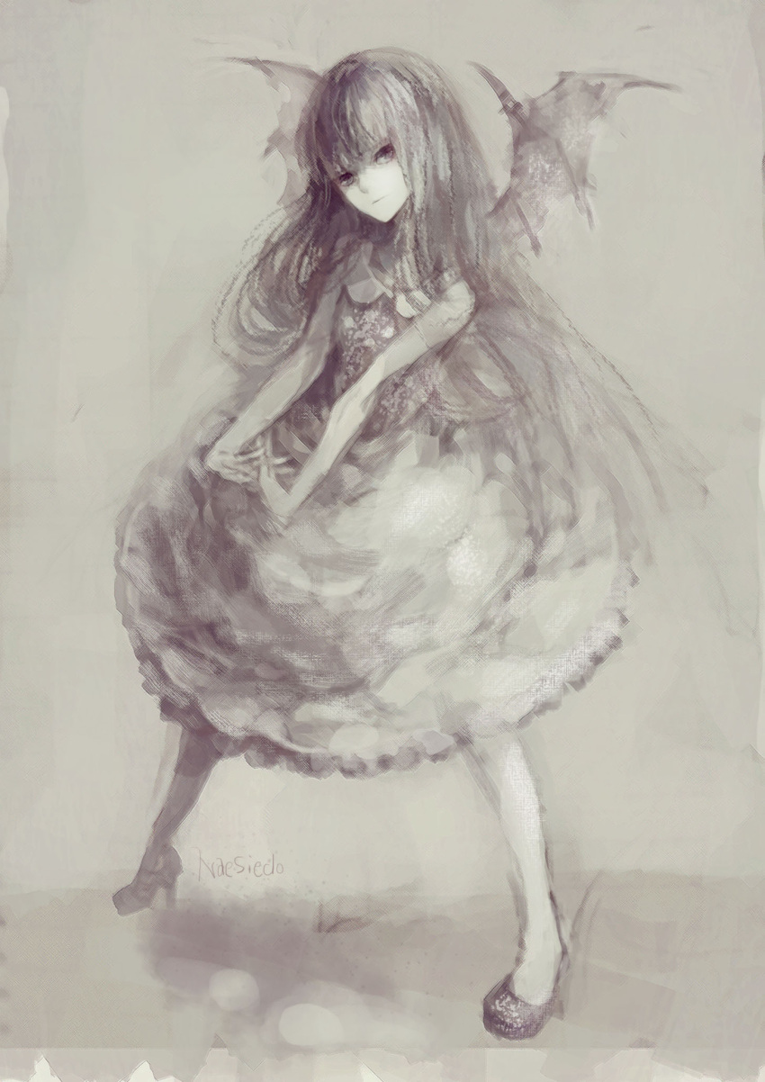 1girl bat_wings blunt_bangs commentary_request dress full_body head_tilt high_heels highres interlocked_fingers long_hair looking_at_viewer monochrome naesthesia_(notmeansnot) original shoes signature solo standing stretching wings
