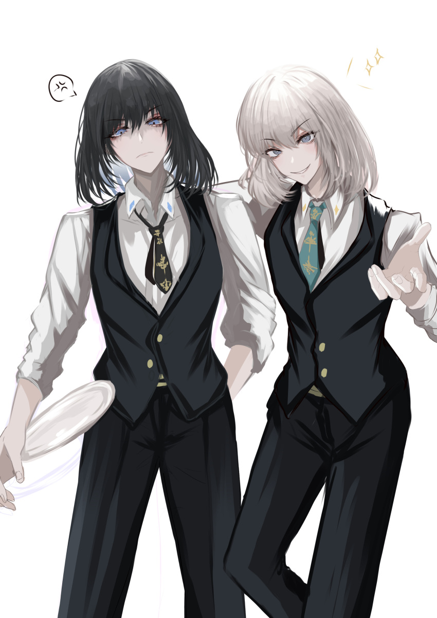 2boys absurdres antinese black_hair black_pants black_vest blue_eyes buttons collared_shirt dual_persona fate/grand_order fate_(series) frown grey_hair highres holding long_sleeves male_focus medium_hair multiple_boys necktie oberon_(fate) oberon_(third_ascension)_(fate) official_alternate_hair_color pants shirt simple_background smile vest white_background white_shirt