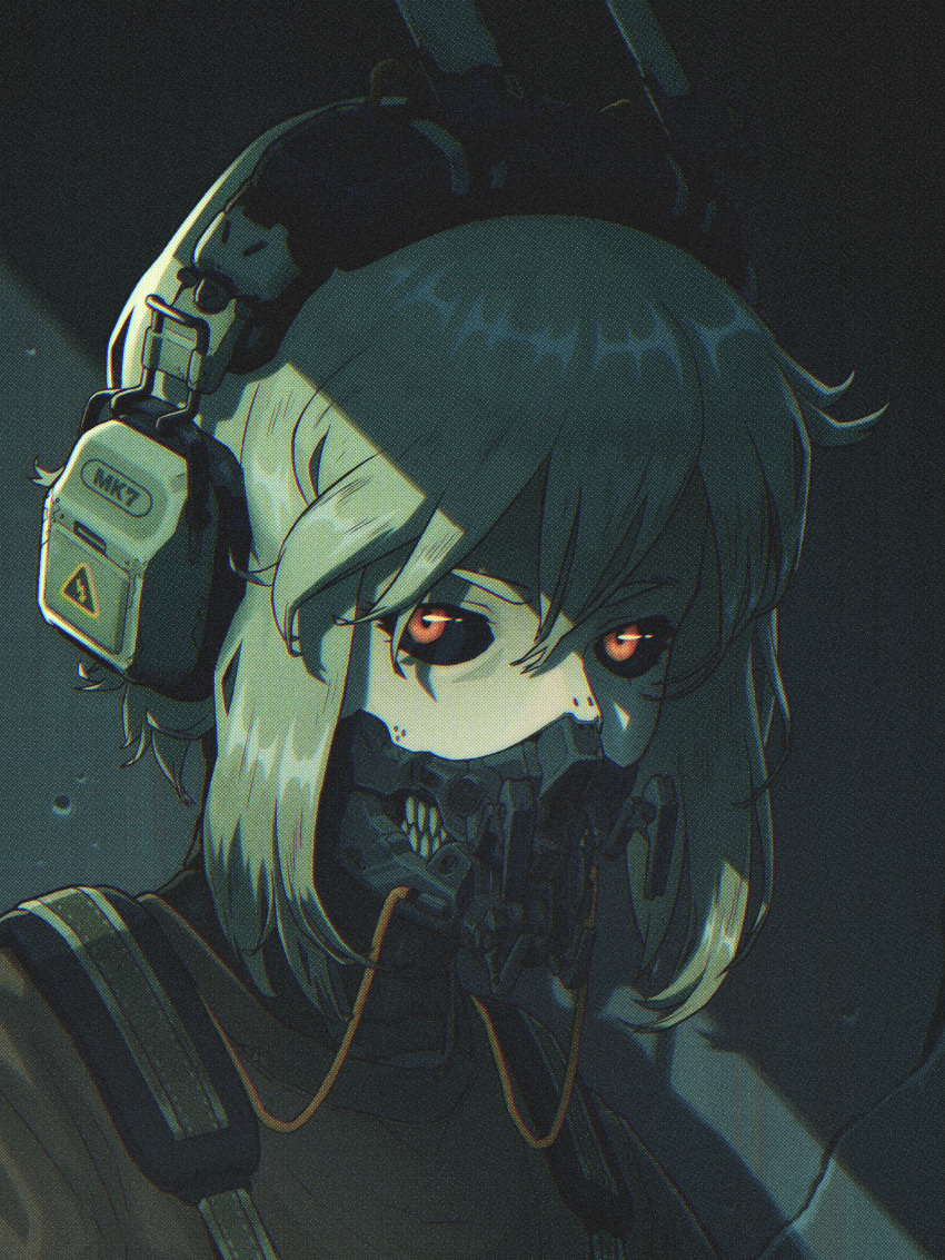 1girl absurdres black_sclera check_copyright colored_sclera copyright_request cyborg davey_perkins earphones highres looking_at_viewer mechanical_mouth original red_eyes sharp_teeth short_hair solo tagme teeth white_hair