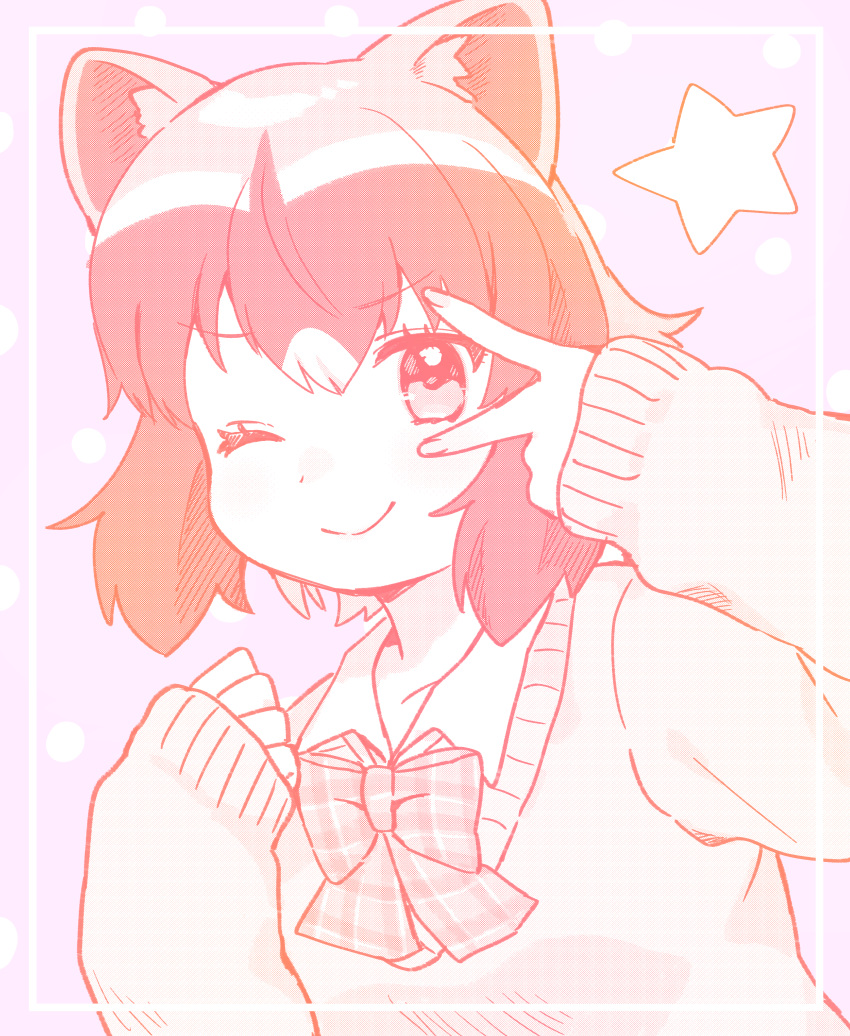 1girl absurdres animal_ears bow collared_shirt common_raccoon_(kemono_friends) eyelashes fingernails highres kemono_friends long_sleeves looking_at_viewer monochrome one_eye_closed plaid plaid_bow raccoon_ears raccoon_girl shirt short_hair sleeves_past_wrists smile solo star_(symbol) suicchonsuisui sweater v