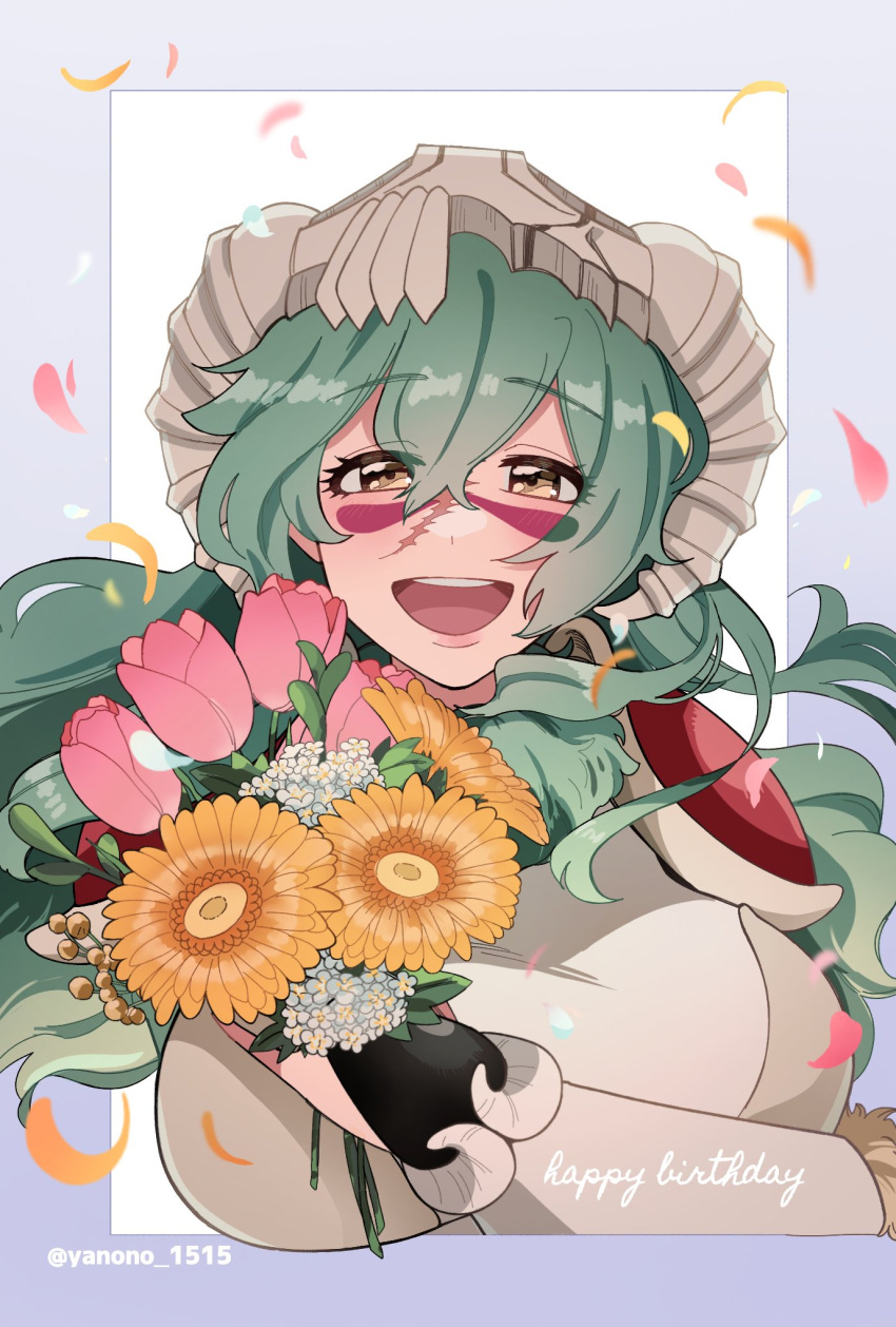 1girl :d bleach blush border bouquet brown_eyes commentary_request eyelashes facial_hair floating_hair flower green_hair grey_border hair_between_eyes hair_ornament hand_up happy happy_birthday highres holding holding_bouquet long_hair looking_at_viewer nelliel_tu_odelschwanck open_mouth pink_flower round_teeth scar scar_on_face simple_background skull_hair_ornament smile solo teeth tulip twitter_username upper_body upper_teeth_only wavy_hair white_background white_flower yanono_015 yellow_flower