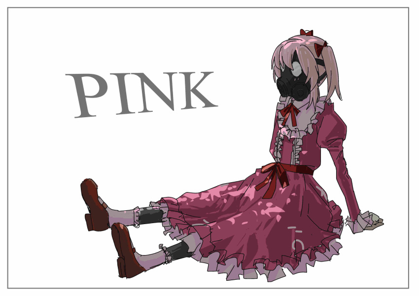 1girl absurdres bow character_name dress full_body gas_mask hair_ornament highres long_sleeves mahou_shoujo_magical_destroyers mary_janes mask medium_hair pink_(magical_destroyers) pink_dress pink_hair red_bow red_ribbon ribbon shoes simple_background sitting socks solo tsukasa1217 twintails white_background white_socks