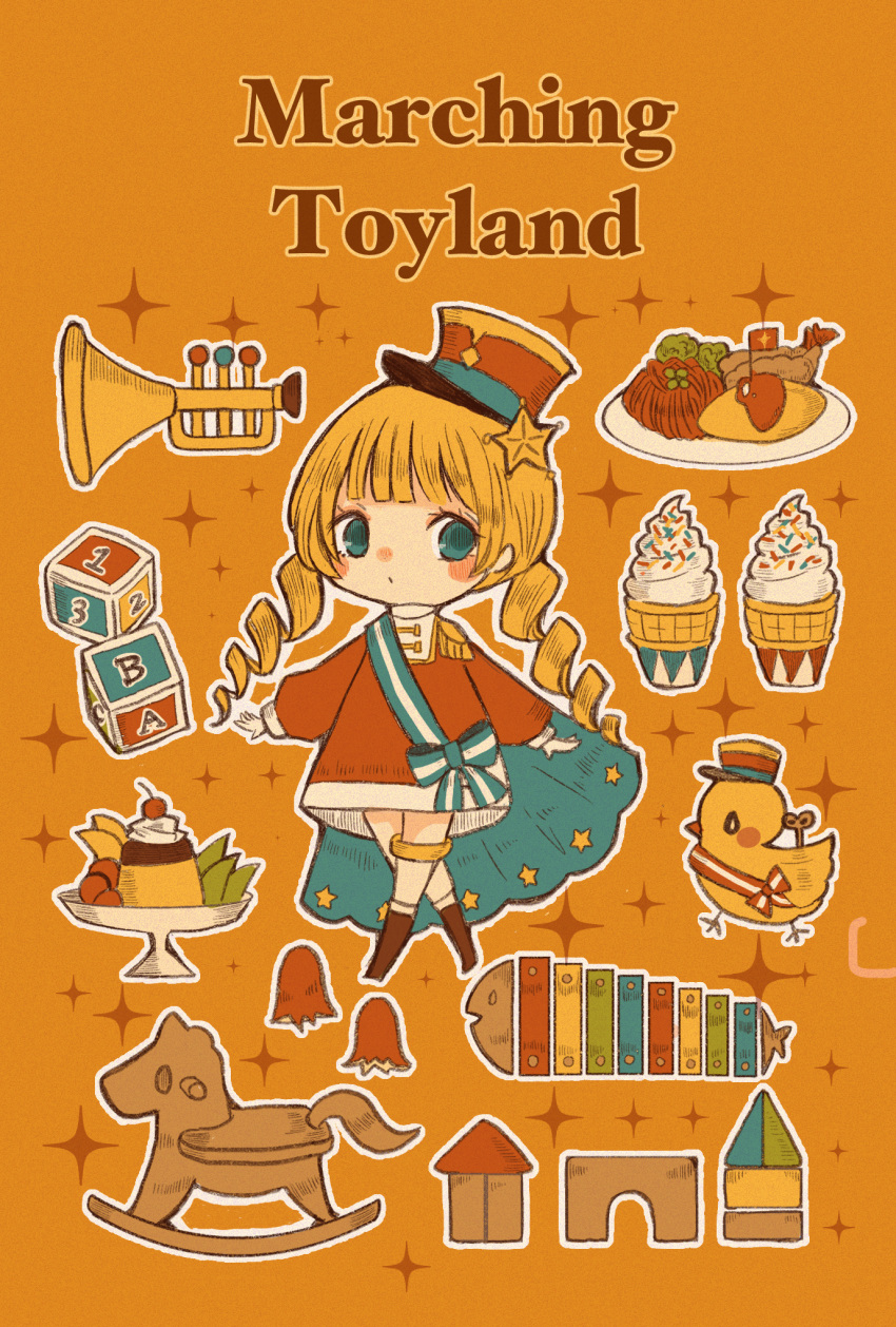 1girl blue_eyes blush_stickers brown_footwear cerika cherry drill_hair english_text food fruit full_body hair_ornament hat highres ice_cream_cone instrument omelet omurice orange_background original plate pudding red_shirt ribbon rocking_horse shirt shrimp shrimp_tempura solo sparkle star_(symbol) star_hair_ornament striped_ribbon tempura toy_block trumpet twin_drills xylophone