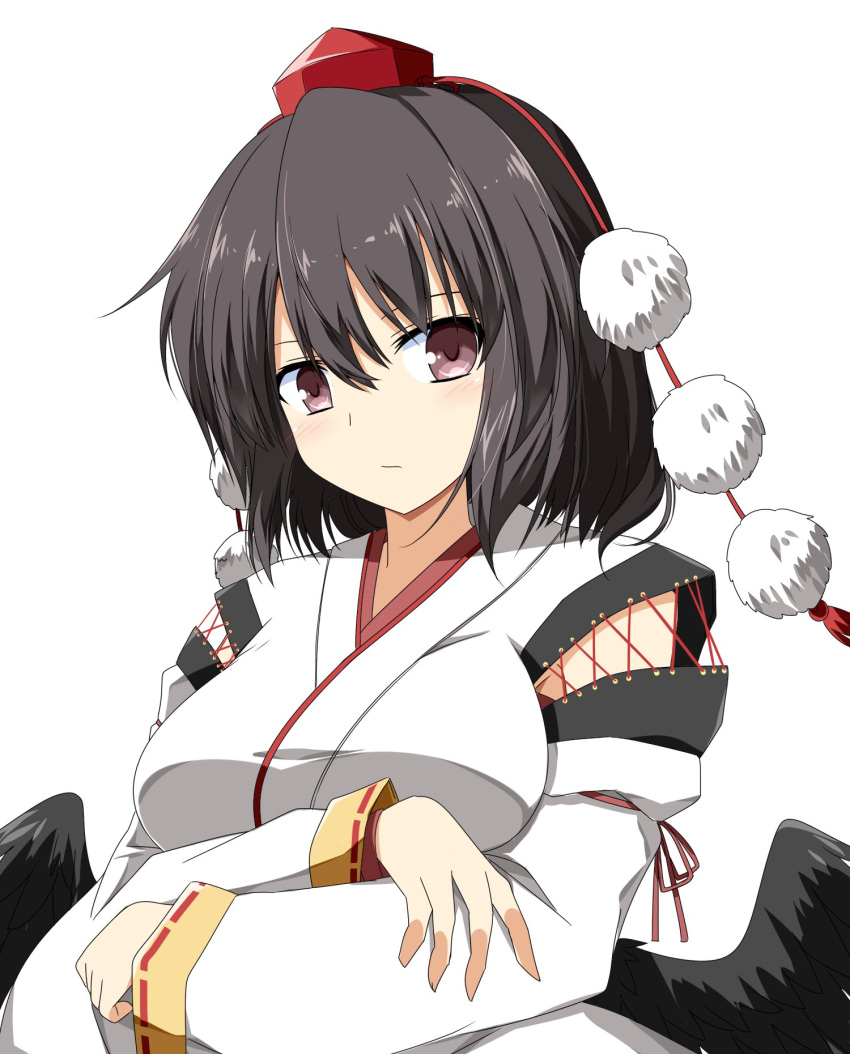 1girl :/ bird_wings black_hair black_wings breasts brown_eyes closed_mouth commentary_request crossed_arms detached_sleeves feathered_wings hat highres japanese_clothes kimono kourindou_tengu_costume long_sleeves low_wings medium_breasts medium_hair pom_pom_(clothes) red_hat ribbon-trimmed_sleeves ribbon_trim rise_(rise19851203) shameimaru_aya simple_background solo tassel tokin_hat touhou white_background white_kimono white_sleeves wide_sleeves wings