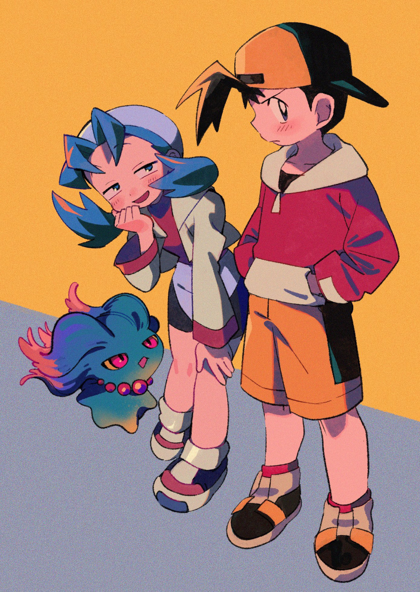 1boy 1girl backwards_hat baseball_cap bike_shorts black_hair blue_eyes blue_hair blush colored_sclera diamond_mouth ethan_(pokemon) film_grain frown ghost grin hair_intakes hand_on_own_chin hand_on_own_leg hands_in_pockets hat highres hood hooded_sweater jacket kris_(pokemon) light_blush looking_to_the_side misdreavus ok_ko19 pokemon pokemon_(creature) pokemon_gsc red_eyes red_shirt red_socks red_sweater shirt shoes short_hair shorts slit_pupils smile sneakers socks sweater twintails v-shaped_eyebrows violet_eyes white_hat white_jacket white_socks wide_sleeves yellow_background yellow_sclera yellow_shorts