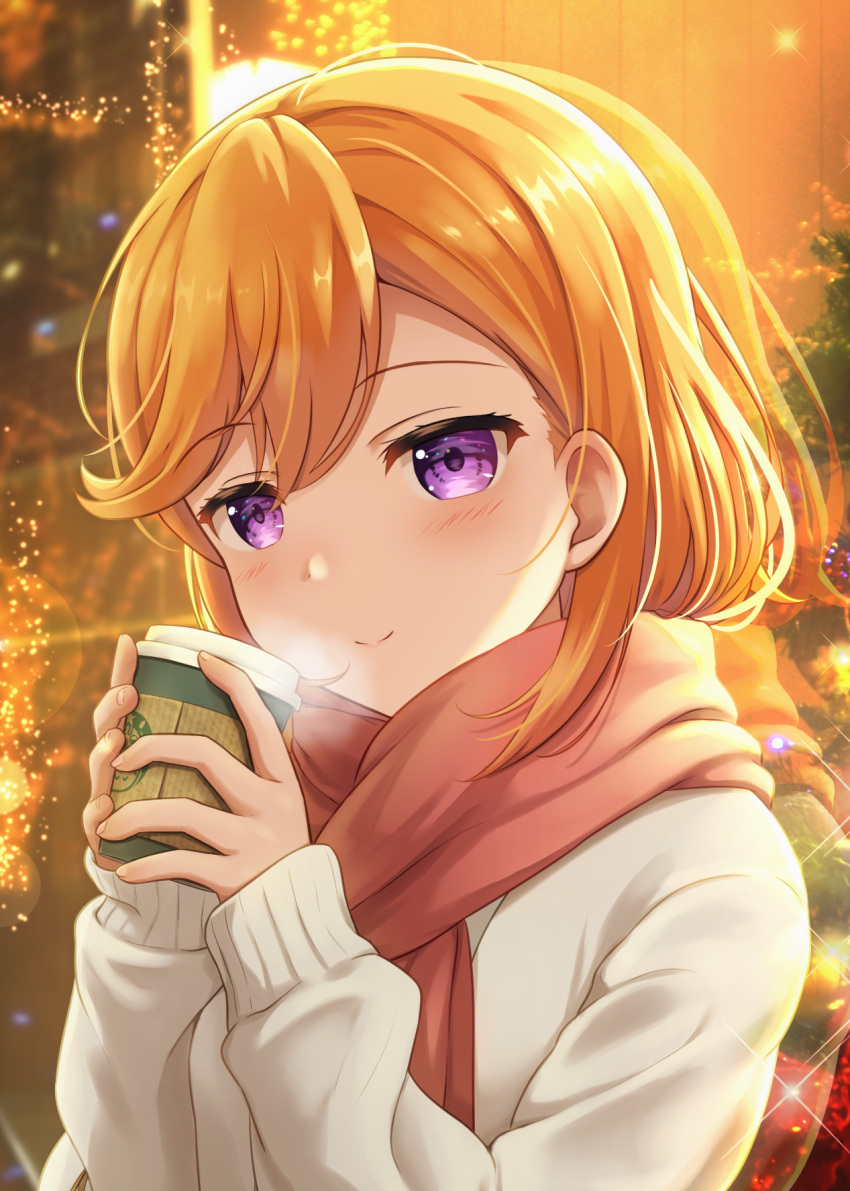 1girl against_glass blurry bokeh brand_name_imitation cardigan christmas_tree closed_mouth commentary_request cup depth_of_field disposable_cup enpera highres holding holding_cup looking_at_viewer love_live! love_live!_superstar!! medium_hair orange_hair red_scarf reflection scarf shibuya_kanon sleeves_past_wrists smile sparkle starbucks violet_eyes white_cardigan yutuki_ame