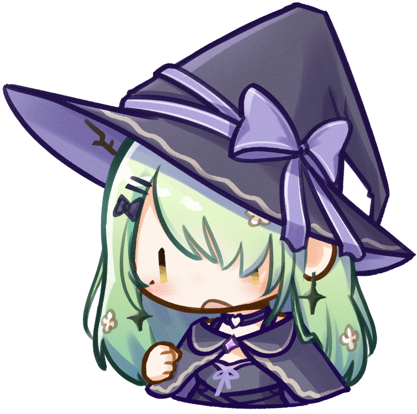 asymmetrical_bangs black_capelet black_choker black_dress blush capelet ceres_fauna ceres_fauna_(goth) chibi chibi_only choker clenched_hand dress earrings flower green_hair hair_flower hair_ornament hair_over_one_eye hand_up hat heart heart_choker heart_o-ring highres hololive hololive_english jewelry long_hair mole mole_under_eye moon_ldl o-ring o-ring_choker official_alternate_costume open_mouth simple_background upper_body virtual_youtuber white_background witch witch_hat yellow_eyes |_|