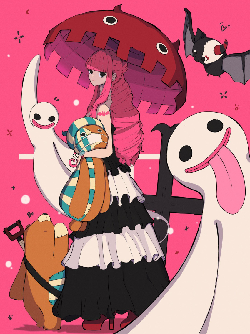 1girl 33noillust arm_tattoo bat_(animal) bat_tattoo black_dress black_eyes blunt_bangs commentary cross dress drill_hair frilled_dress frills full_body ghost half_updo high_heels highres holding holding_stuffed_toy holding_umbrella horned_hat kumacy looking_at_viewer looking_back mask mouth_mask one_piece perona pink_background pink_hair sidelocks smile solo stuffed_toy tattoo tongue tongue_out umbrella white_dress