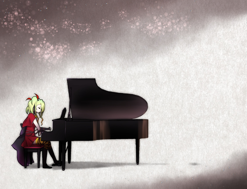 1girl akaimato deathpolca demons_roots dress fingerless_gloves from_side full_body gloves grand_piano green_hair grey_background hair_ribbon highres instrument long_hair music non-web_source piano piano_bench playing_instrument playing_piano profile red_dress ribbon side_ponytail sitting solo striped_clothes striped_thighhighs thigh-highs