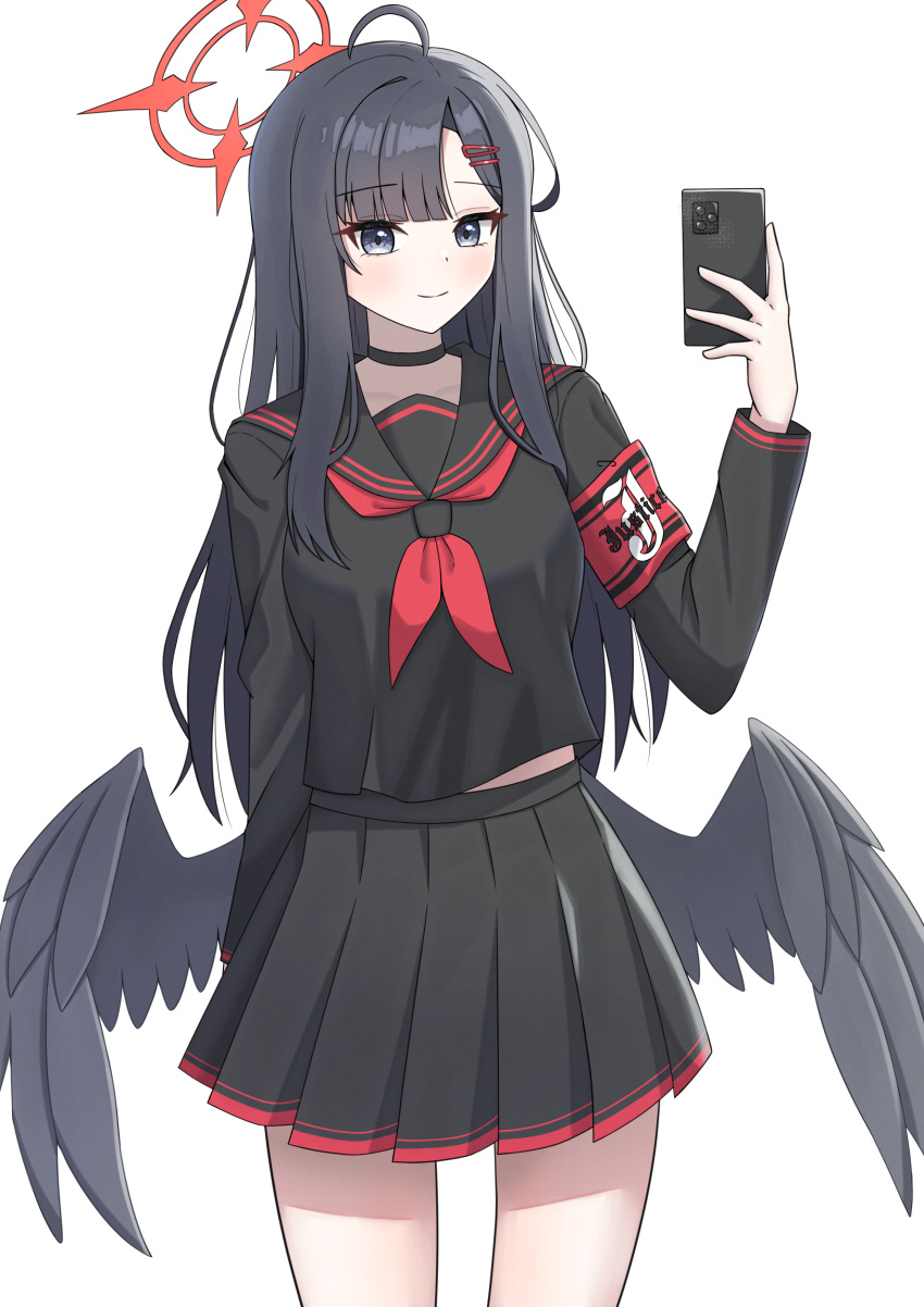 1girl absurdres ahoge armband black_choker black_eyes black_hair black_sailor_collar black_serafuku black_shirt black_skirt black_wings blue_archive cellphone choker closed_mouth clothes_writing cowboy_shot hair_ornament hairclip halo hand_up highres holding holding_phone ichika_(blue_archive) light_blush long_hair long_sleeves looking_at_viewer miniskirt mollra neckerchief phone pleated_skirt red_armband red_halo red_neckerchief sailor_collar school_uniform serafuku shirt simple_background skirt smartphone smile solo standing taking_picture white_background wings