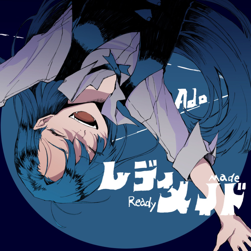 1girl ado_(utaite) black_background black_vest blue_background blue_hair blue_theme border closed_mouth fangs formal hair_over_one_eye highres long_hair merry_(ado) open_mouth orihara_(ewkkyorhr) outstretched_arms readymade_(ado) round_border shirt smile solo song_name two-tone_background upper_body upside-down very_long_hair vest white_shirt