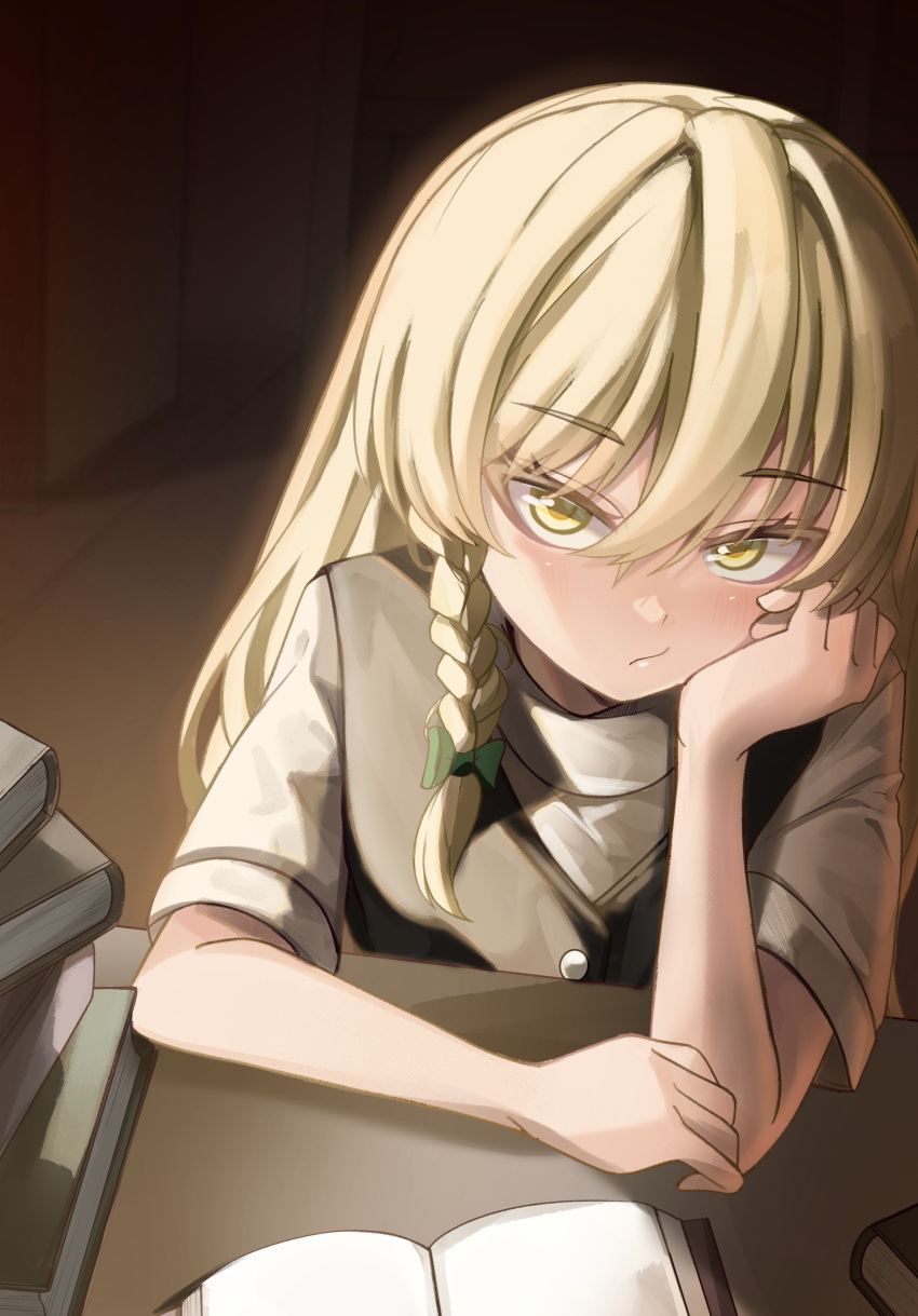 1girl absurdres arm_support black_vest blonde_hair blush book bow braid bright_pupils closed_mouth colored_eyelashes commentary eyes_visible_through_hair frown green_bow hair_between_eyes hair_bow hand_up highres indoors kirisame_marisa long_hair mahoro_(minase_mahoro) open_book shirt short_sleeves sidelighting single_braid solo straight_hair touhou tsurime upper_body vest white_shirt yellow_eyes
