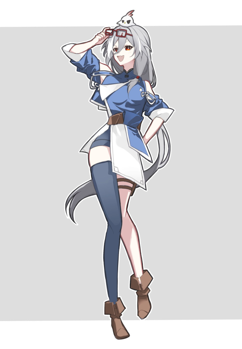 1girl :d adapted_costume black_thighhighs blue_jacket boots brown_footwear brown_shorts cosplay fang fu_hua fu_hua_(herrscher_of_sentience) fu_hua_(valkyrie_accipiter) fu_hua_(valkyrie_accipiter)_(cosplay) full_body glasses grey_background grey_hair highres holding holding_removed_eyewear honkai_(series) honkai_impact_3rd jacket jingwei_(bird) long_hair looking_at_viewer nuta_h3 on_head open_mouth red_eyes shorts single_thighhigh skin_fang smile solo thigh-highs two-tone_background unworn_eyewear v-shaped_eyebrows very_long_hair white_background