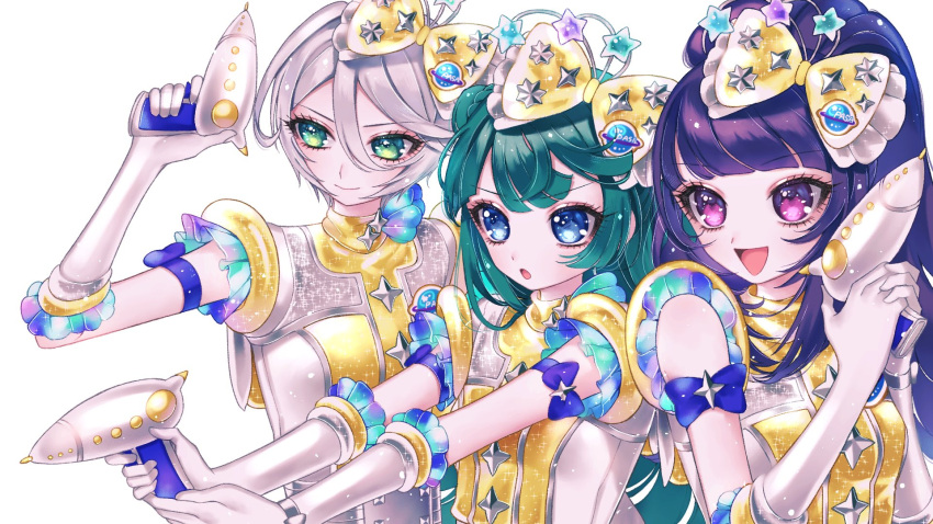 3girls :d ao_(ao0_0nemu) arm_up bad_id bad_twitter_id blue_bow blue_eyes blunt_bangs bow closed_mouth commentary_request energy_gun gloves green_eyes green_hair grey_hair gun hair_between_eyes hair_bow hanazono_shuka highres holding holding_gun holding_weapon idol_clothes idol_time_pripara long_hair looking_ahead multiple_girls open_mouth outstretched_arms ponytail pretty_series pripara purple_hair ray_gun shikyoin_hibiki short_hair simple_background smile star_(symbol) tsukikawa_chili two_side_up upper_body violet_eyes weapon white_background white_gloves yellow_bow