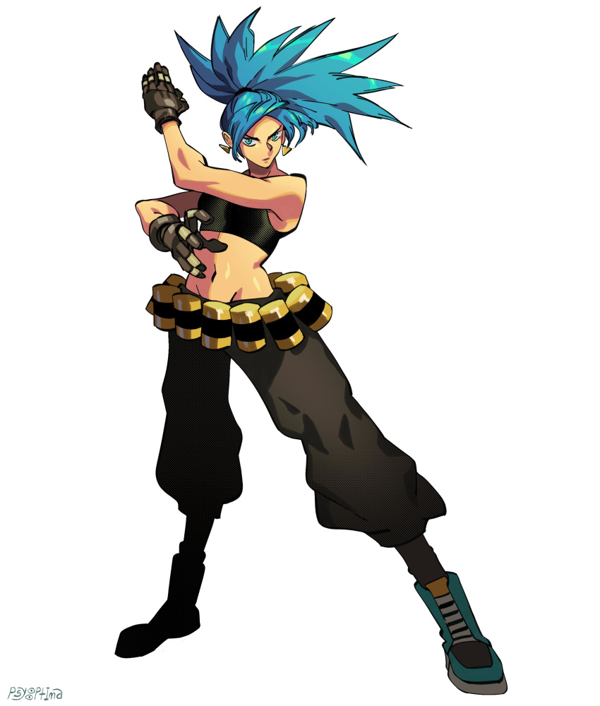 1girl absurdres ammunition_pouch bare_shoulders black_gloves black_tank_top blue_eyes blue_hair boots breasts combat_boots earrings full_body gloves highres jewelry leona_heidern midriff navel pouch psyoptima sleeveless soldier solo spiky_hair tank_top the_king_of_fighters the_king_of_fighters_xiii triangle_earrings