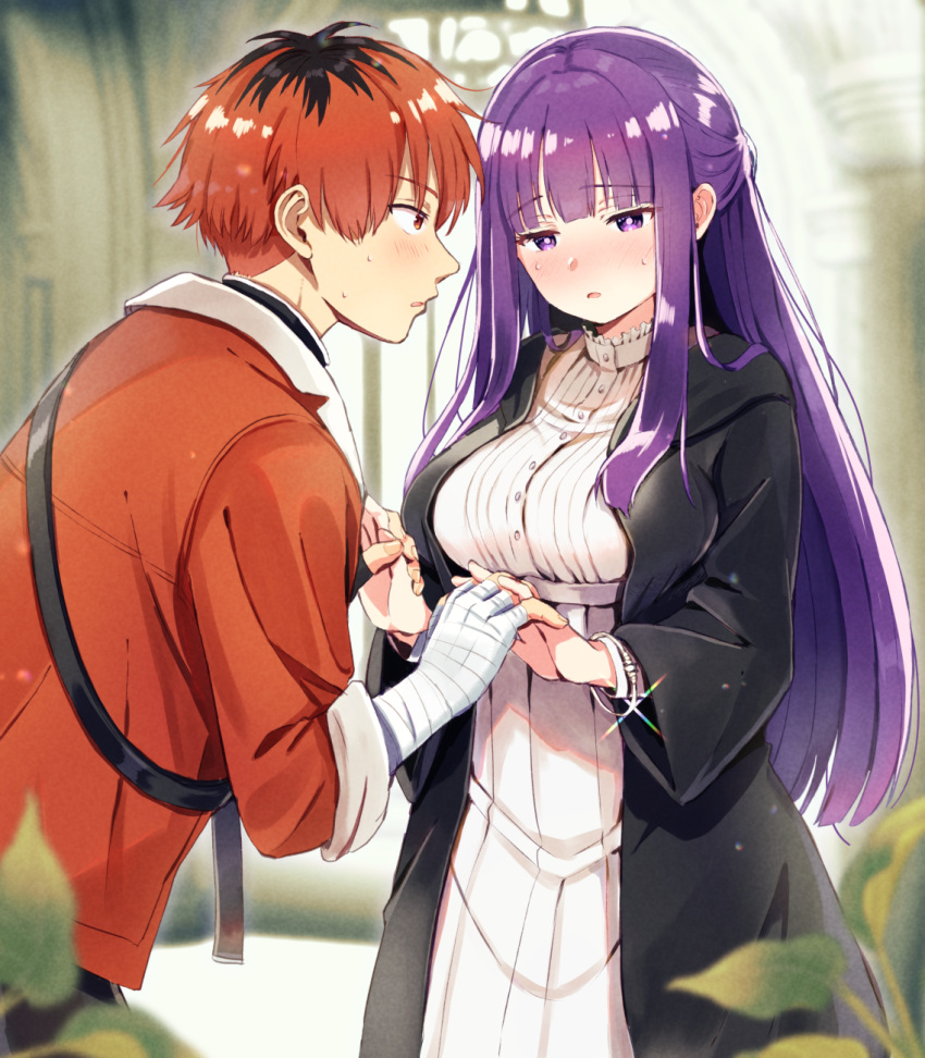 1boy 1girl arm_wrap bandaged_arm bandages black_robe blush bracelet breasts brown_hair commentary_request couple dress fern_(sousou_no_frieren) fumishichi hetero highres holding_hands interlocked_fingers jewelry large_breasts long_dress long_hair nose_blush purple_hair ribbed_dress robe sousou_no_frieren stark_(sousou_no_frieren) straight_hair violet_eyes white_dress