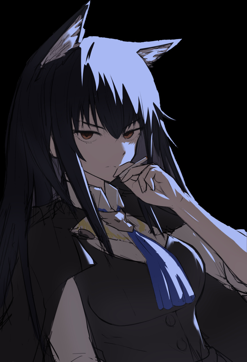1girl animal_ears arknights ascot between_fingers black_background black_cape black_hair black_vest blue_ascot brown_eyes cape cigarette closed_mouth collared_shirt dark frown glaring hand_up highres holding holding_cigarette long_hair looking_at_viewer official_alternate_costume serious shirt simple_background sketch solo texas_(arknights) texas_the_omertosa_(arknights) uomi upper_body vest white_shirt wolf_ears wolf_girl