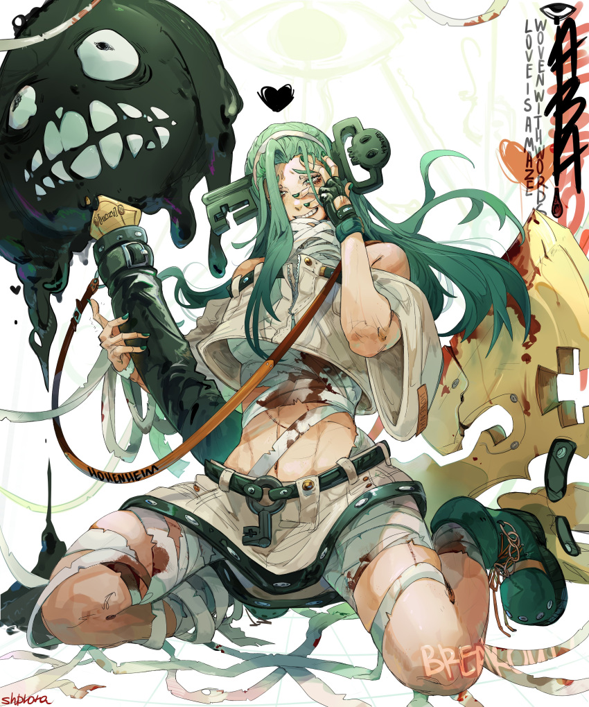 1girl a.b.a absurdres bags_under_eyes bandaged_chest bandages blood blood_on_bandages blood_on_clothes fingerless_gloves gloves grey_hair guilty_gear guilty_gear_strive highres key key_in_head let's_draw_pretty_girls_challenge multiple_drawing_challenge navel object_through_head paracelsus_(guilty_gear) shpr0ta smile stitched_mouth stitches