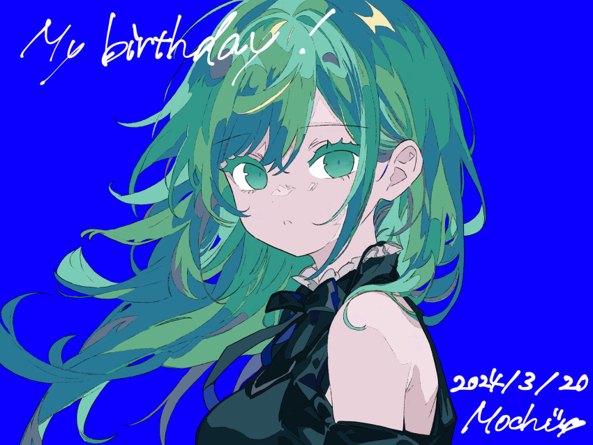 1girl artist_name bare_shoulders birthday black_bow black_bowtie black_shirt blue_background bow bowtie clothing_cutout dated english_text frilled_shirt_collar frills green_eyes green_hair hair_between_eyes highres long_hair looking_at_viewer mochu_(aoishikabane) original parted_lips shirt shoulder_cutout sidelocks simple_background solo tsurime upper_body