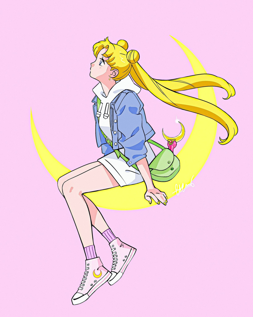 1girl bag bishoujo_senshi_sailor_moon blonde_hair commentary converse cropped_jacket double_bun earrings floating_hair glint hair_bun highres jewelry long_hoodie looking_up moon pink_background profile roru_(lol_dessin) shoulder_bag signature simple_background sitting solo symbol-only_commentary tsukino_usagi twintails wand