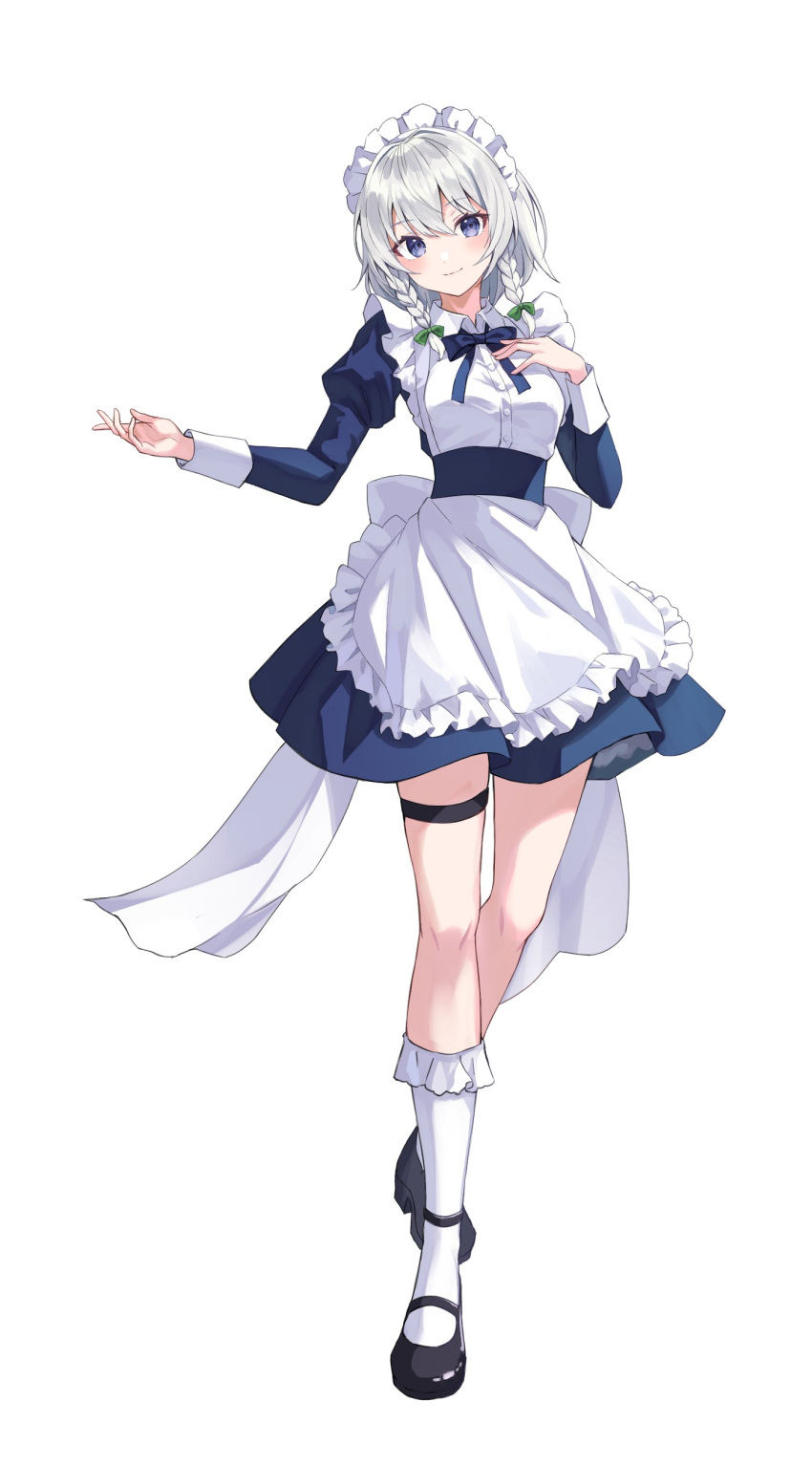 1girl absurdres apron black_footwear blue_bow blue_bowtie bow bowtie braid closed_mouth commentary dress green_bow grey_hair hair_bow highres izayoi_sakuya juliet_sleeves kure~pu long_hair long_sleeves looking_at_viewer maid maid_apron maid_headdress puffy_sleeves smile solo thigh_strap touhou twin_braids violet_eyes waist_apron white_apron