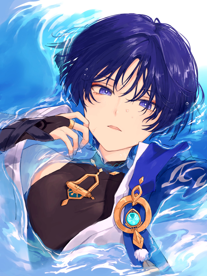 1boy absurdres bishounen genshin_impact highres japanese_clothes looking_at_viewer male_focus open_mouth parted_lips purple_hair scaramouche_(genshin_impact) short_hair skinsuit solo upper_body violet_eyes vision_(genshin_impact) wanderer_(genshin_impact) water wet wet_hair yamabuki_(yamabuki_xxxxx)