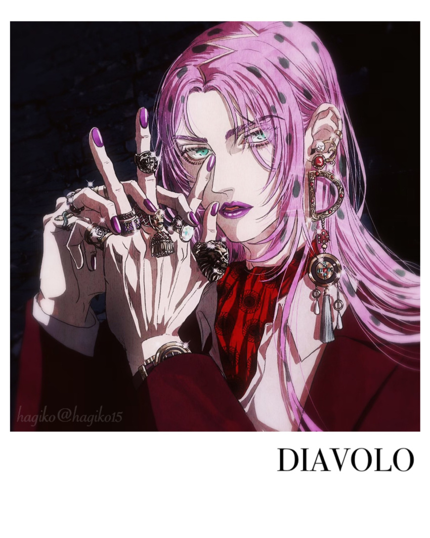 1boy aegyo_sal artist_name ascot black_background blue_eyes border character_name collared_shirt diavolo earrings eyelashes hagiko15 highres interlocked_fingers jewelry jojo_no_kimyou_na_bouken long_hair long_sleeves looking_at_viewer male_focus multiple_rings own_hands_together parted_bangs parted_lips pink_hair polka_dot_hair portrait purple_lips purple_nails red_ascot red_skirt ring shirt skirt solo twitter_username vento_aureo watch watch white_border white_shirt