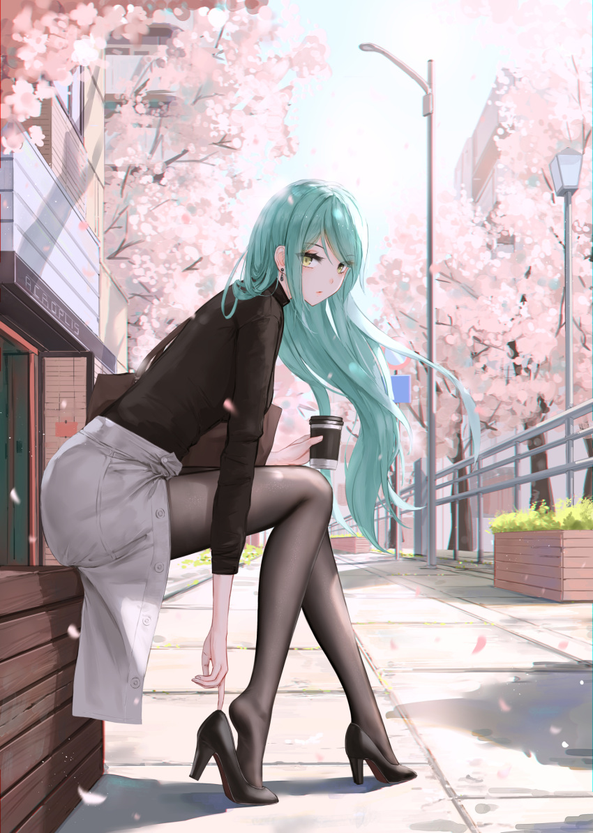 1girl adjusting_footwear aqua_hair back back_focus bag bang_dream! black_pantyhose black_shirt blue_sky breasts building buttons cherry_blossoms chromatic_aberration closed_mouth commentary cup day disposable_cup earrings english_commentary falling_leaves floating_hair from_side green_eyes grey_skirt hair_behind_ear hand_up heel_pop high_heels highres hikawa_sayo holding holding_cup jewelry lamppost leaf leaning_forward light_particles long_hair long_sleeves looking_at_viewer looking_to_the_side medium_breasts mixed-language_commentary outdoors pantyhose pumps railing shadow shirt shirt_tucked_in shoulder_bag simple_background skirt sky soles solo town tree_shade turtleneck very_long_hair wavy_hair yuzuriha_(atelier_liang)