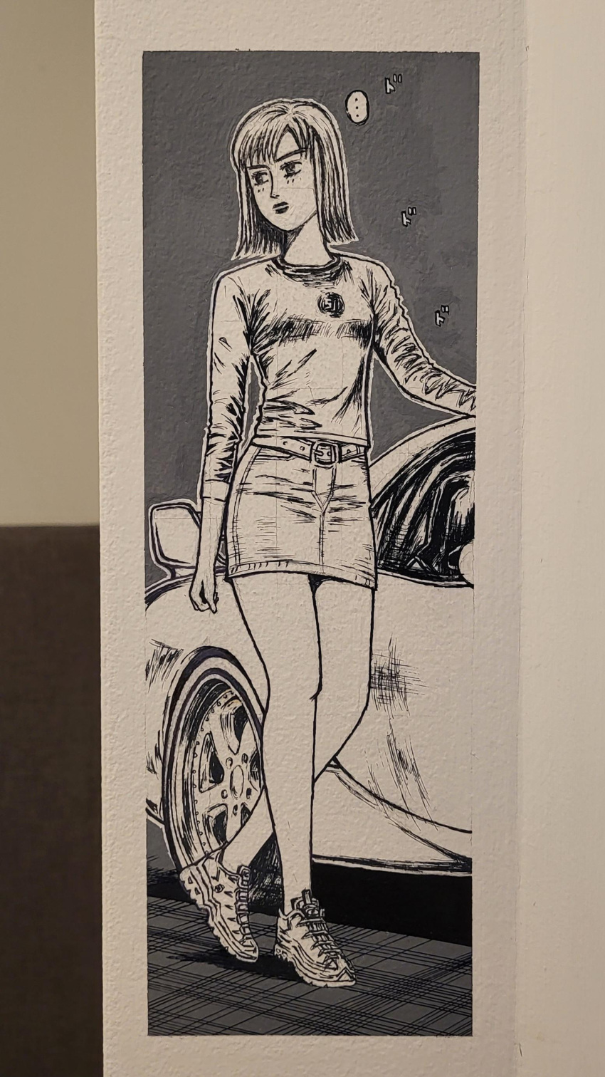 ... 1girl absurdres belt breasts car comic_panel_redraw derivative_work english_commentary fat_thor frown greyscale highres initial_d ink_(medium) iwase_kyouko looking_to_the_side mazda mazda_rx-7 mazda_rx-7_fd medium_breasts medium_hair monochrome motor_vehicle official_style photo_(medium) shoes skirt sneakers spoiler_(automobile) sports_car traditional_media v-shaped_eyebrows walking