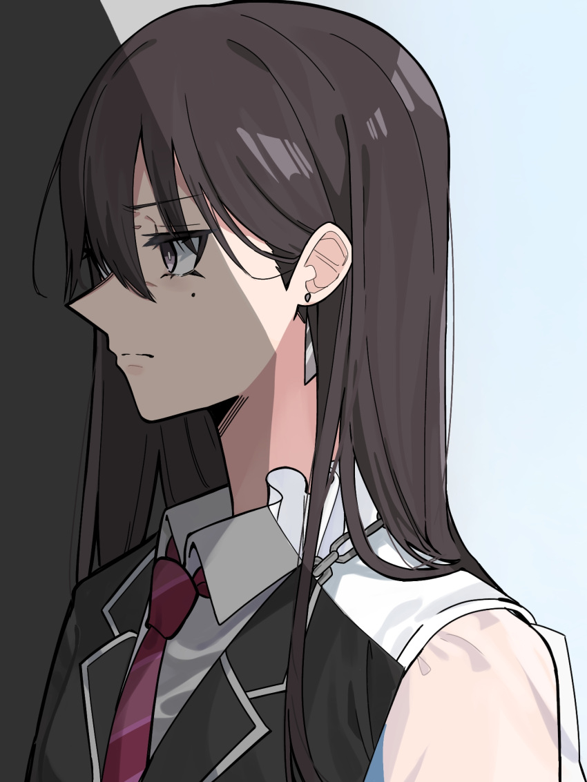 1girl bang_dream! bang_dream!_it's_mygo!!!!! black_hair black_jacket blazer chain_necklace closed_mouth collared_shirt commentary_request diagonal-striped_clothes diagonal-striped_necktie earrings hair_behind_ear hair_between_eyes highres jacket jewelry long_hair mole mole_under_eye nanami_(nunnun_0410) necklace necktie red_necktie revealing_layer see-through see-through_sleeves shade shiina_taki shirt solo striped_clothes upper_body violet_eyes white_shirt