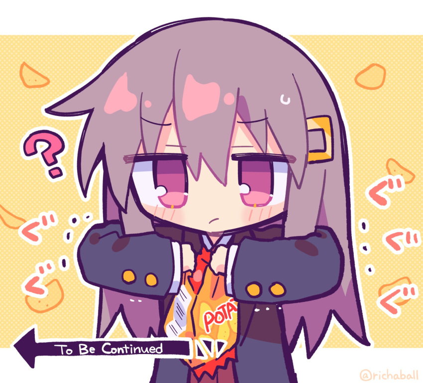 1girl ? bag_of_chips blazer brown_hair hair_ornament hairpin highres jacket original richard_(richaball) school_uniform to_be_continued upper_body violet_eyes
