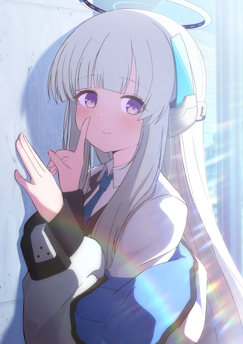 1girl blue_archive blue_necktie blush closed_mouth collared_shirt grey_hair halo highres index_finger_raised jacket kaine_(gupisgood) long_hair long_sleeves looking_at_viewer mechanical_halo necktie noa_(blue_archive) shirt smile solo upper_body violet_eyes white_jacket white_shirt window