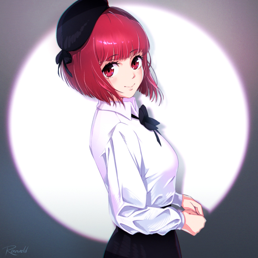 1girl arima_kana beret black_bow black_bowtie black_hat black_skirt blunt_bangs blunt_ends blush bob_cut bow bowtie closed_mouth collared_shirt commentary cowboy_shot eyelashes from_side happy hat highres lips long_sleeves looking_at_viewer oshi_no_ko ranveld red_eyes redhead shirt short_hair signature simple_background skirt smile solo split_mouth spotlight straight_hair tareme white_background white_shirt
