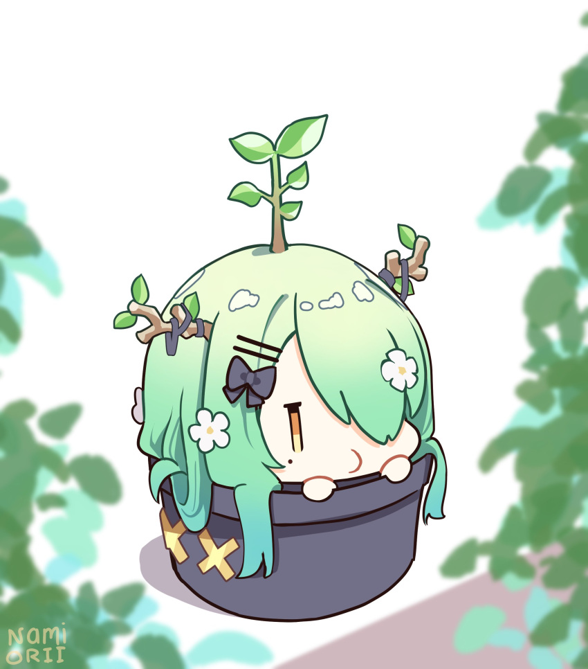 1girl absurdres artist_name black_bow bow ceres_fauna chibi flower green_hair hair_bow hair_ornament hair_over_one_eye hairclip highres hololive hololive_english leaf mole mole_under_eye namiorii plant plant_on_head potted_plant shadow solo virtual_youtuber white_flower yellow_eyes