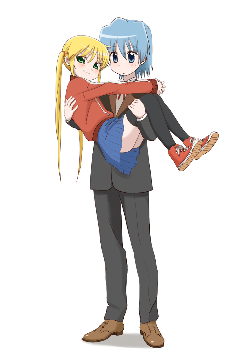 1boy 1girl a_(toitoitoioekk) absurdres ayasaki_hayate black_thighhighs blonde_hair blue_eyes blue_hair blue_skirt blush carrying full_body green_eyes hayate_no_gotoku! highres jacket looking_at_another princess_carry red_jacket sanzen'in_nagi shoes simple_background skirt smile sneakers suit thigh-highs twintails white_background