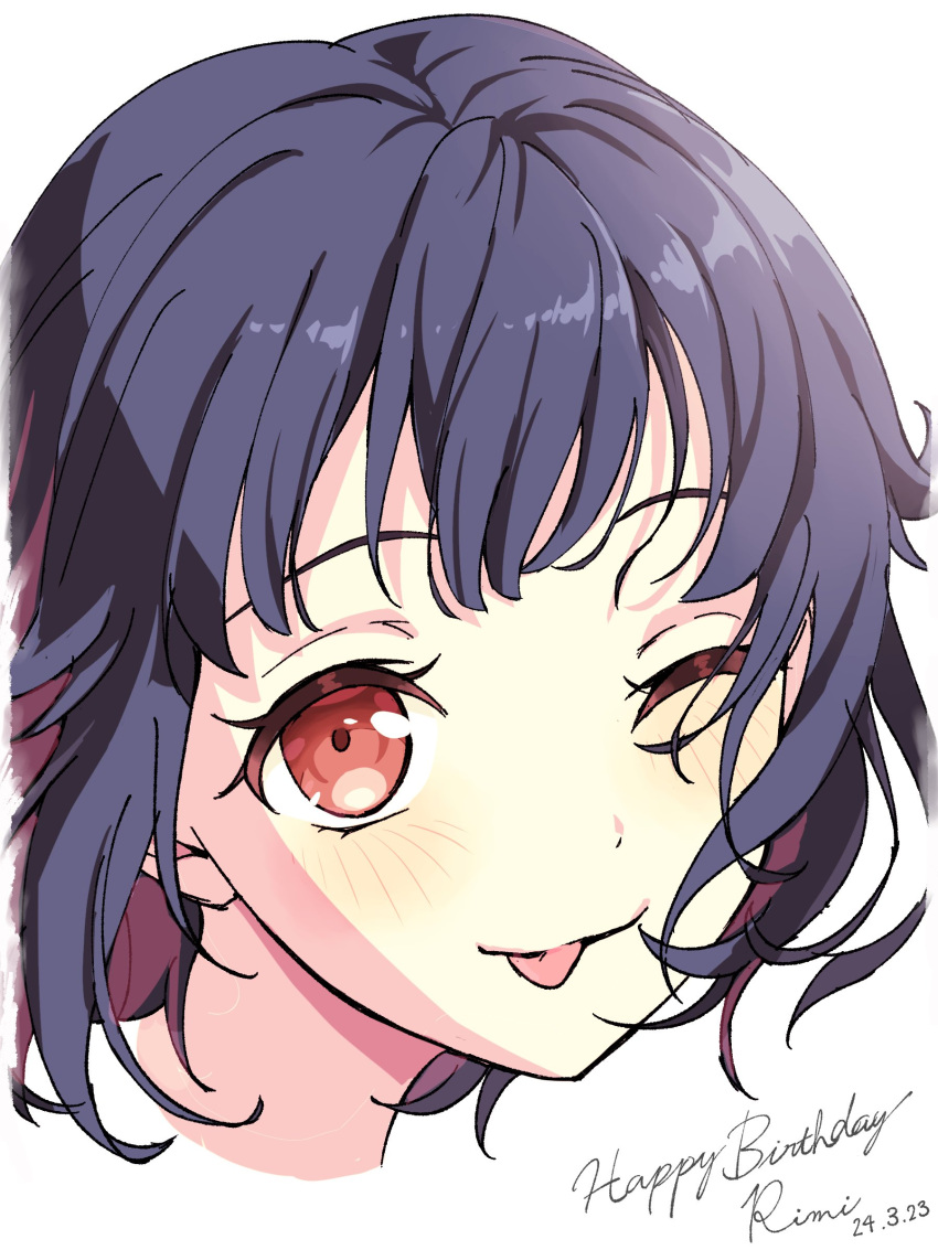 1girl ;p absurdres bang_dream! black_hair close-up closed_mouth commentary cropped_head hair_flowing_over happy_birthday highres light_blush nobusawa_osamu one_eye_closed red_eyes short_hair simple_background smile solo tongue tongue_out ushigome_rimi white_background