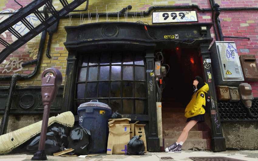 1girl absurdres against_wall anthony_brault backpack badge bag black_hair black_skirt blunt_bangs box brick_wall building button_badge cable cardboard_box converse crossed_ankles day door fire_escape from_side graffiti grey_footwear hands_in_pockets highres hood hood_down hoodie industrial_pipe jacket knees legs long_sleeves looking_up medium_hair miniskirt original outdoors parking_meter profile red_light scenery shoes sign skirt sneakers socks solo stairs thighs trash_bag trash_can warning_sign wide_shot window yellow_jacket